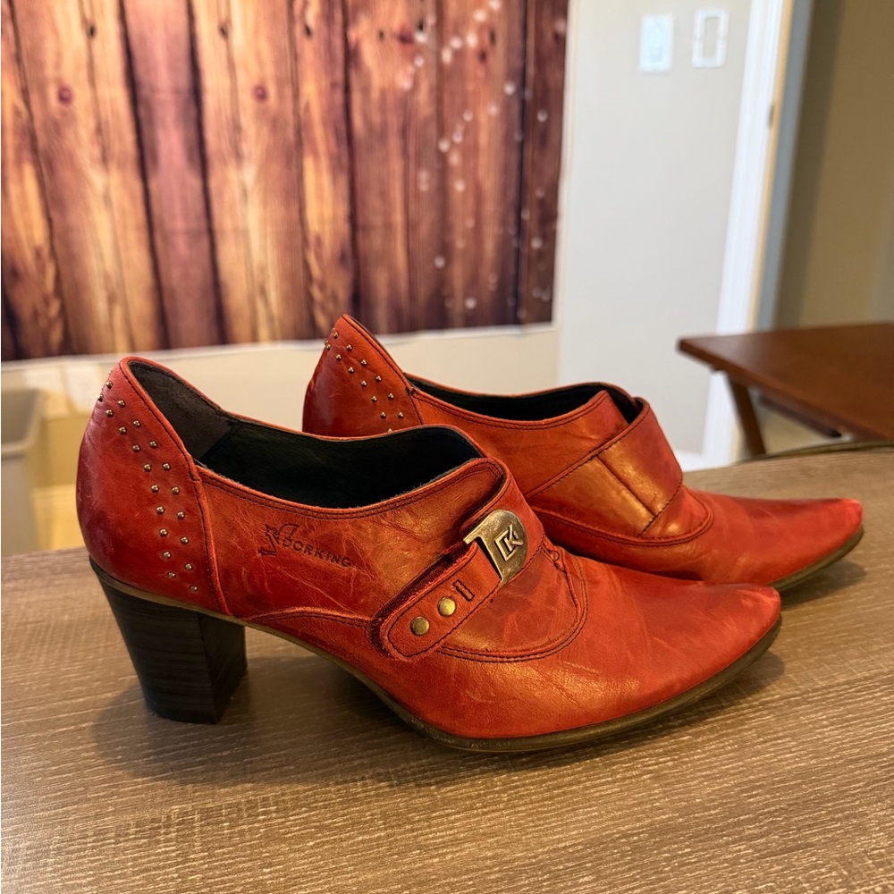 DORKING by Fluchos Red Leather Heeled Shoes with Studded Detail - Picture 3 of 7